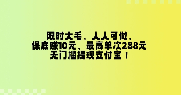 限时大毛，人人可做，保底挣10元，最高单次288元，无门槛提现支付宝！