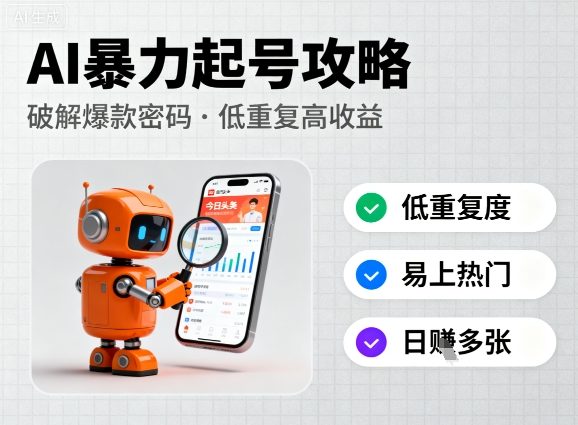 今日头条新玩法，AI暴力起号，重复度低，更容易爆，日入多张