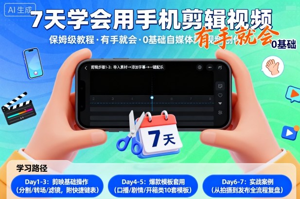 7天学会用手机剪辑视，保姆级教程，有手就会，0基础自媒体短视频创作教程